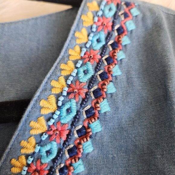 Go Softly Patio Dress Small Denim Chambray Muumuu Embroidery Jumper Prairie Midi - Picture 5 of 10